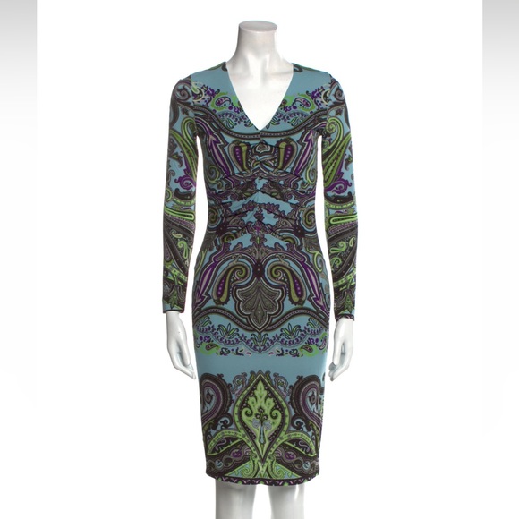 Etro Dresses & Skirts - Etro Blue, Green and Purple Paisley Knee-Length Dress in Size Small | US4